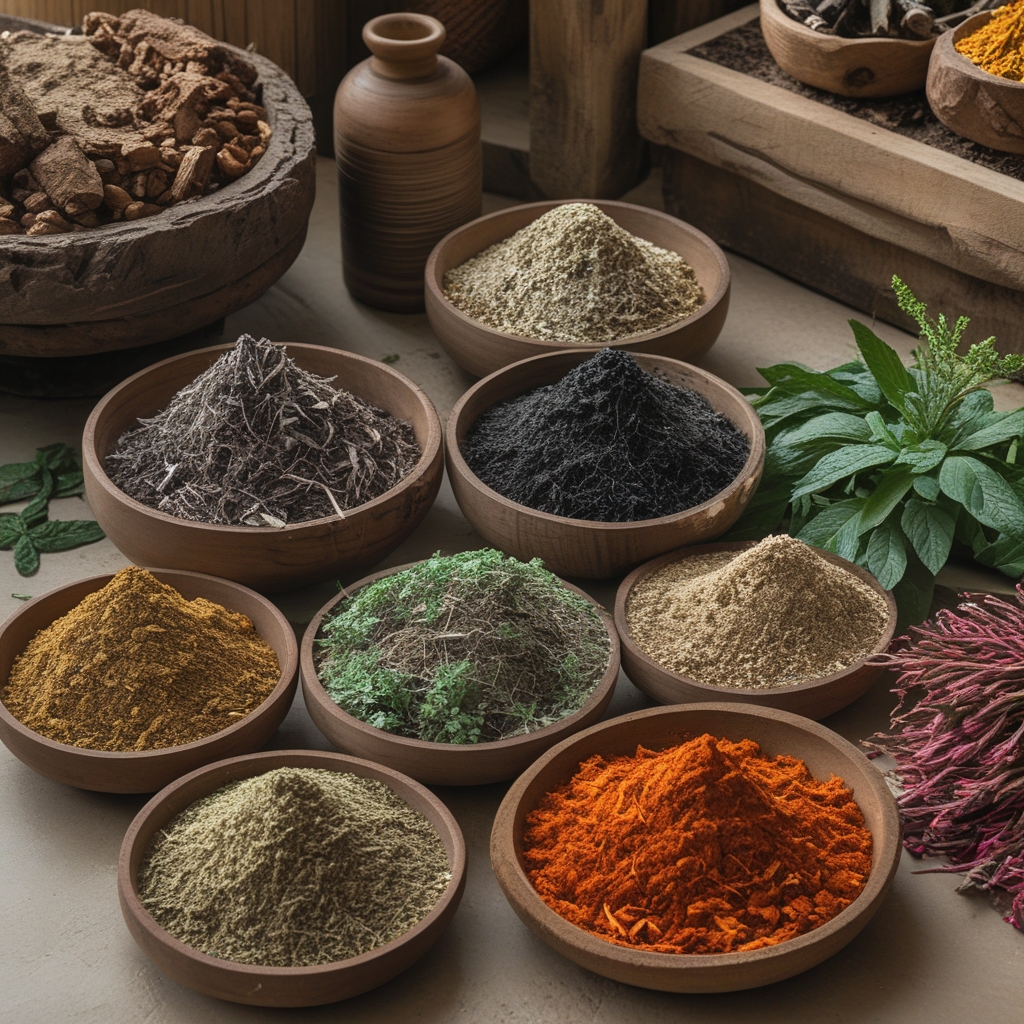 Koleksi rempah-rempah dan tanaman obat tradisional yang dikeringkan dalam mangkuk tanah liat dan wadah kayu antik, latar belakang batu alami berwarna cokelat keabu-abuan