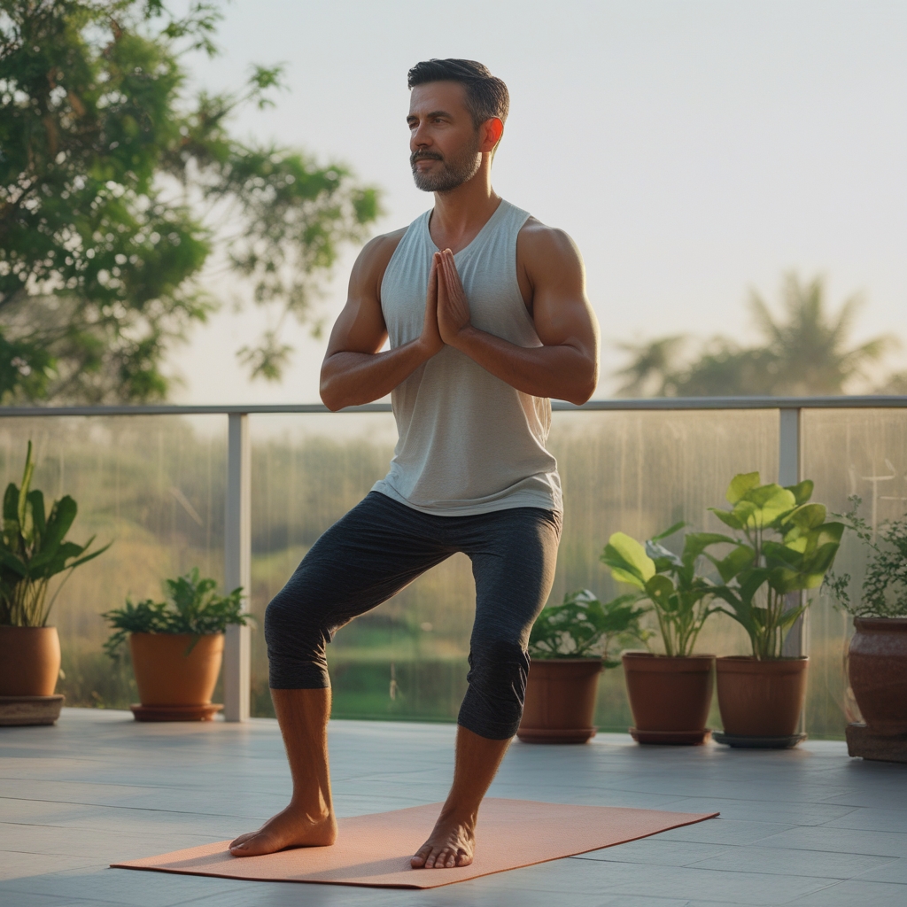 Pria berusia 40-an melakukan pose yoga peregangan di teras rumah di pagi hari dengan cahaya matahari lembut, mengenakan pakaian olahraga kasual, dikelilingi tanaman hijau pot