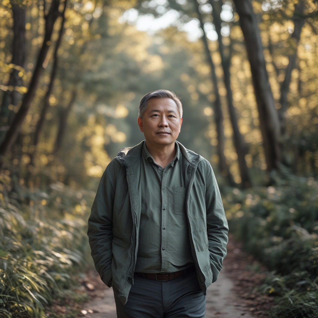 Pria berusia 45 tahun yang tampak sehat dan bugar sedang berjalan santai di jalur alam terbuka di antara pepohonan hijau rindang, mengenakan pakaian olahraga kasual, ekspresi tenang dan fokus